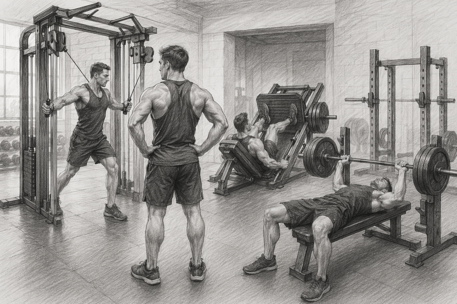 Lifter using cable station, leg press, and barbell