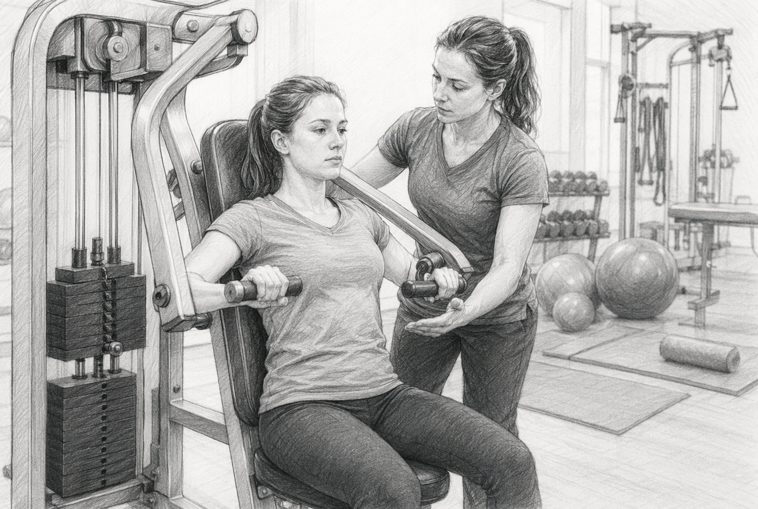 Trainer assisting novice on chest press machine