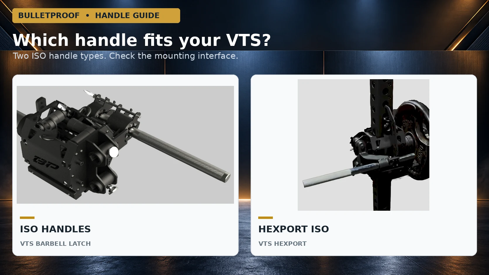 Bulletproof VTS barbell-latch ISO handle mounted on trolley beside the Hexport ISO handle setup.