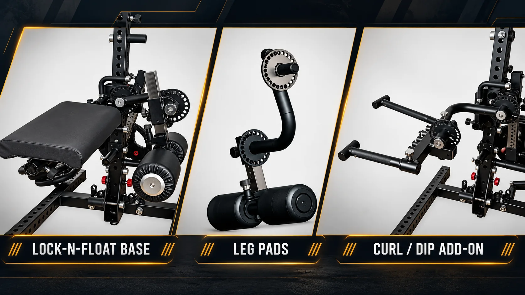 Illustrated comparison of the Bulletproof Lock-N-Float base setup, leg pads, and curl/dip add-on based on manufacturer product photos.