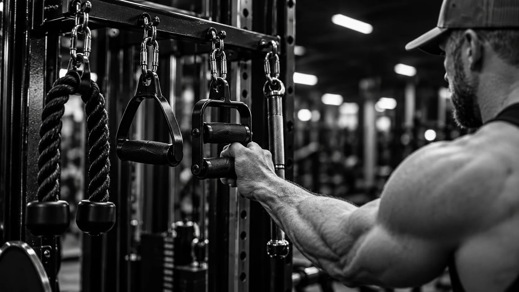 Lifter selecting a cable handle among several attachments.