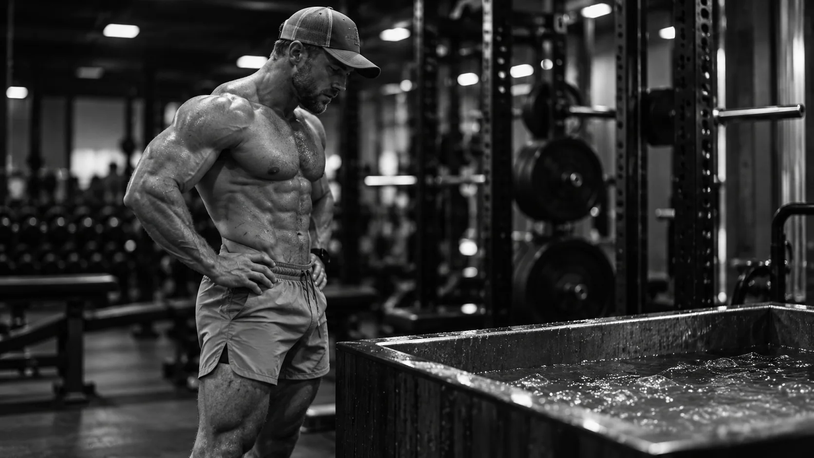Lifter considering a cold plunge after a resistance training session.