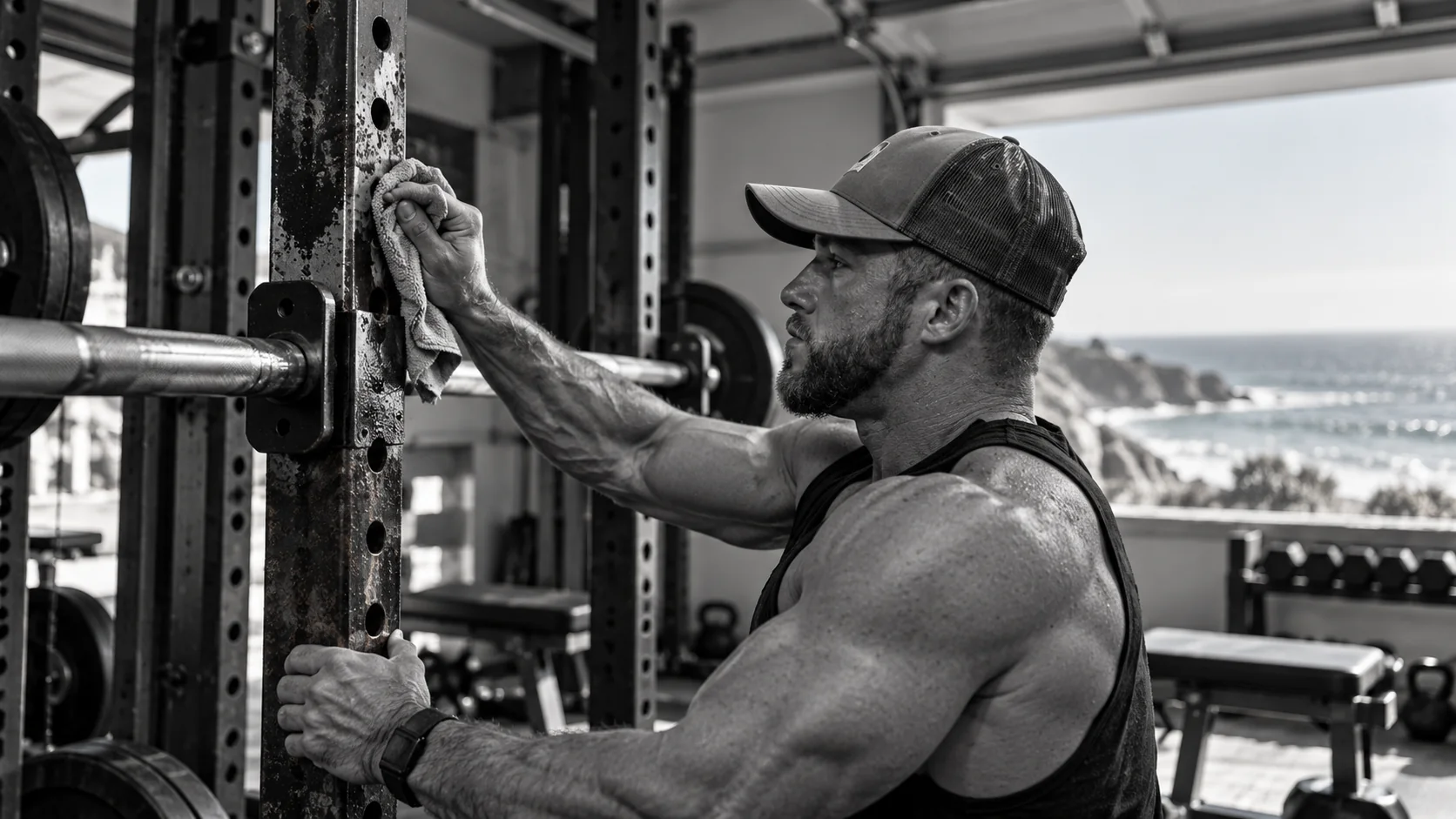 Home gym owner wiping a steel rack upright near the coast.