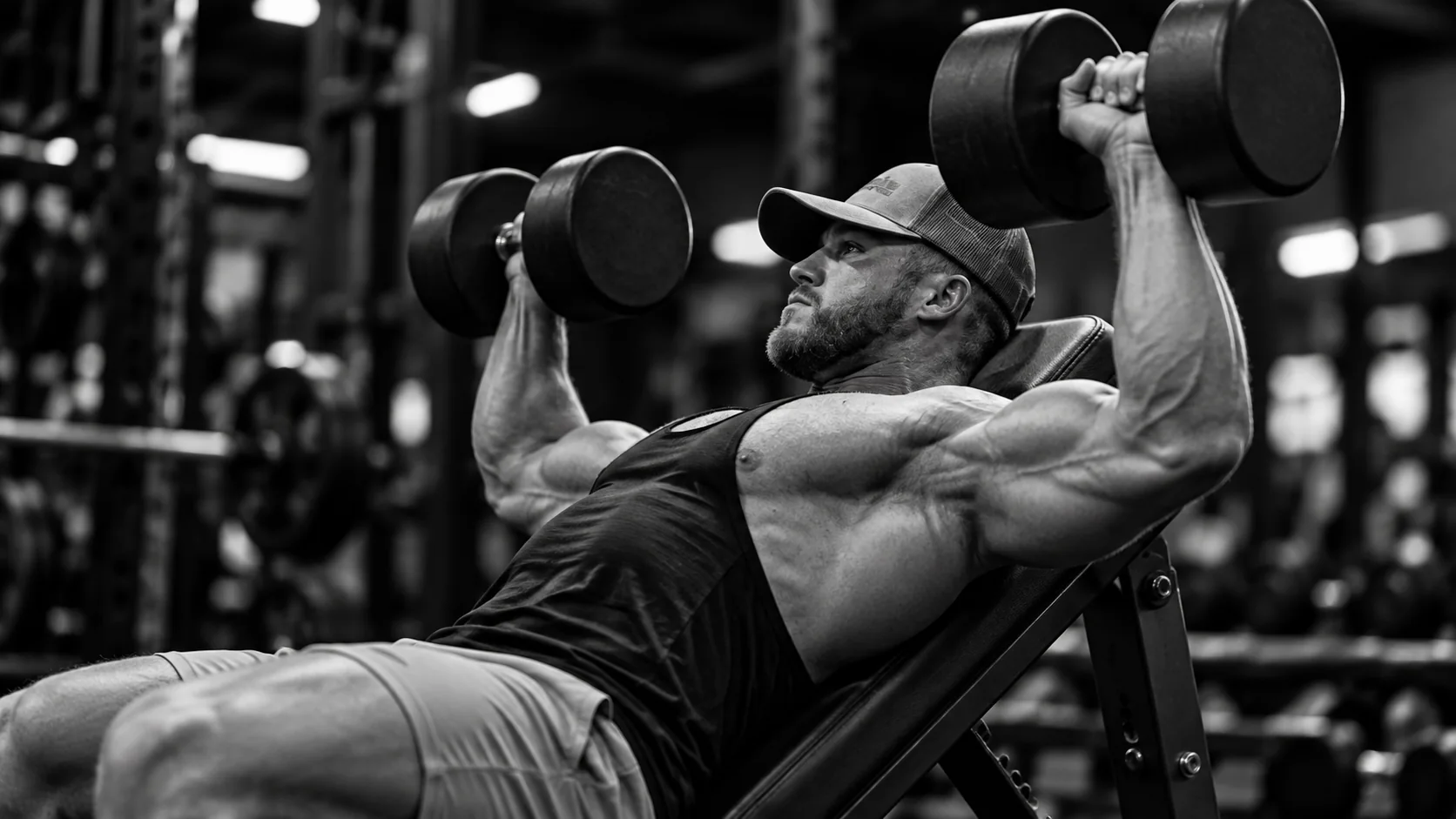 Lifter pressing dumbbells on an incline bench in a gym.
