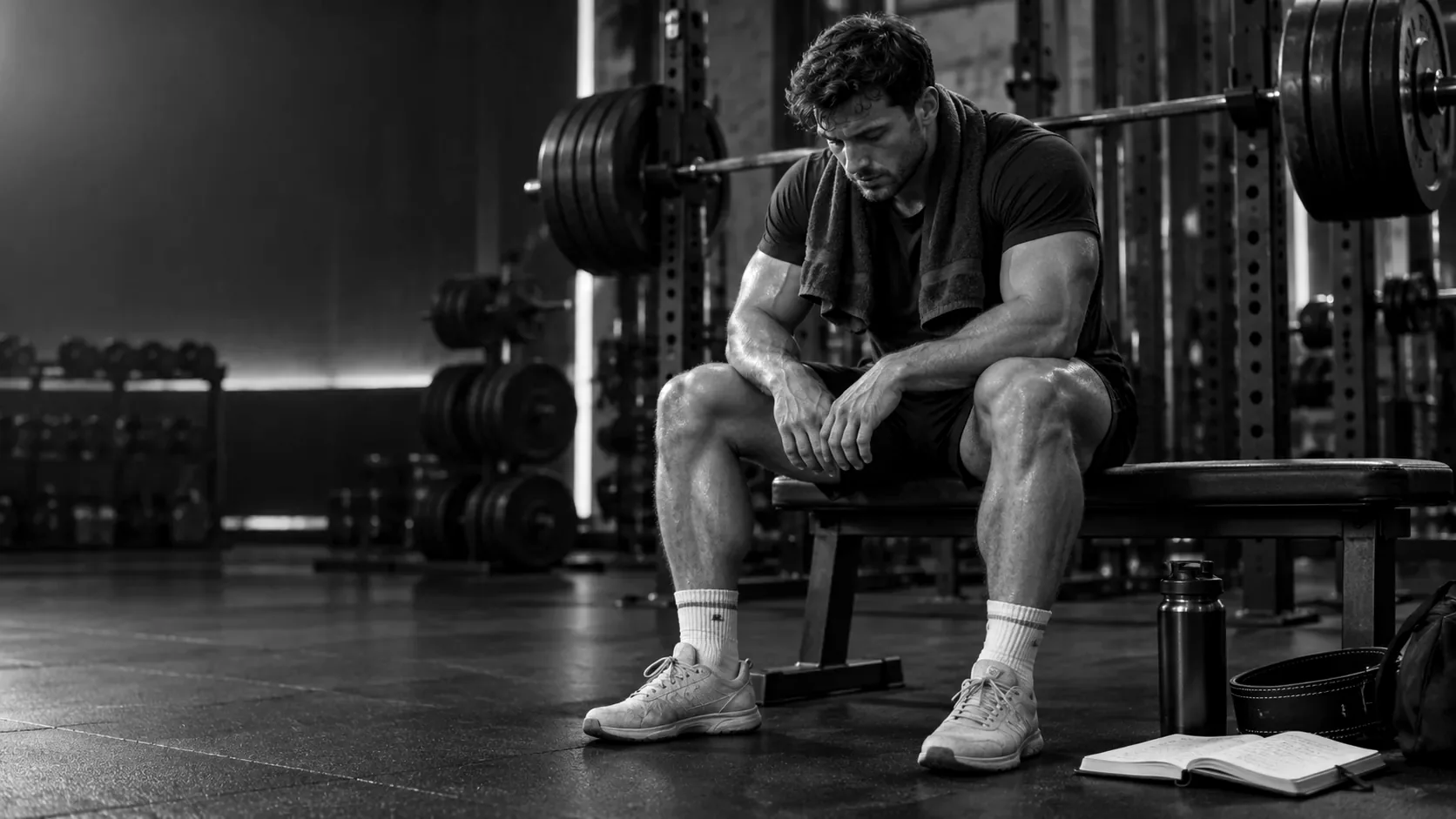 Lifter resting after a heavy leg session beside a loaded rack.