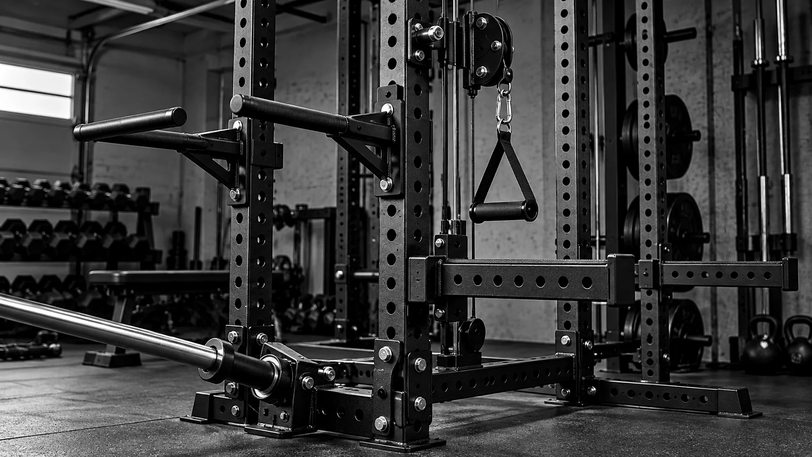 Power rack with dip handles, landmine, cable pulley and safety arms.