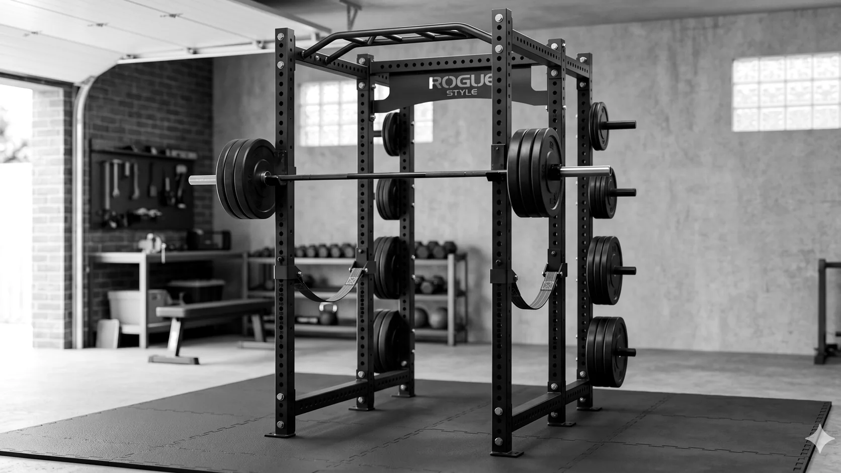 Power rack in a home training space.