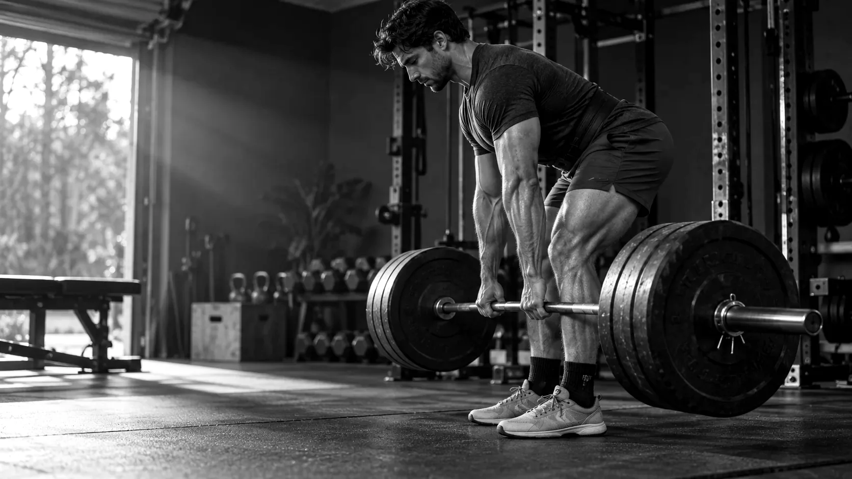 Lifter lifting a loaded barbell in a gym.