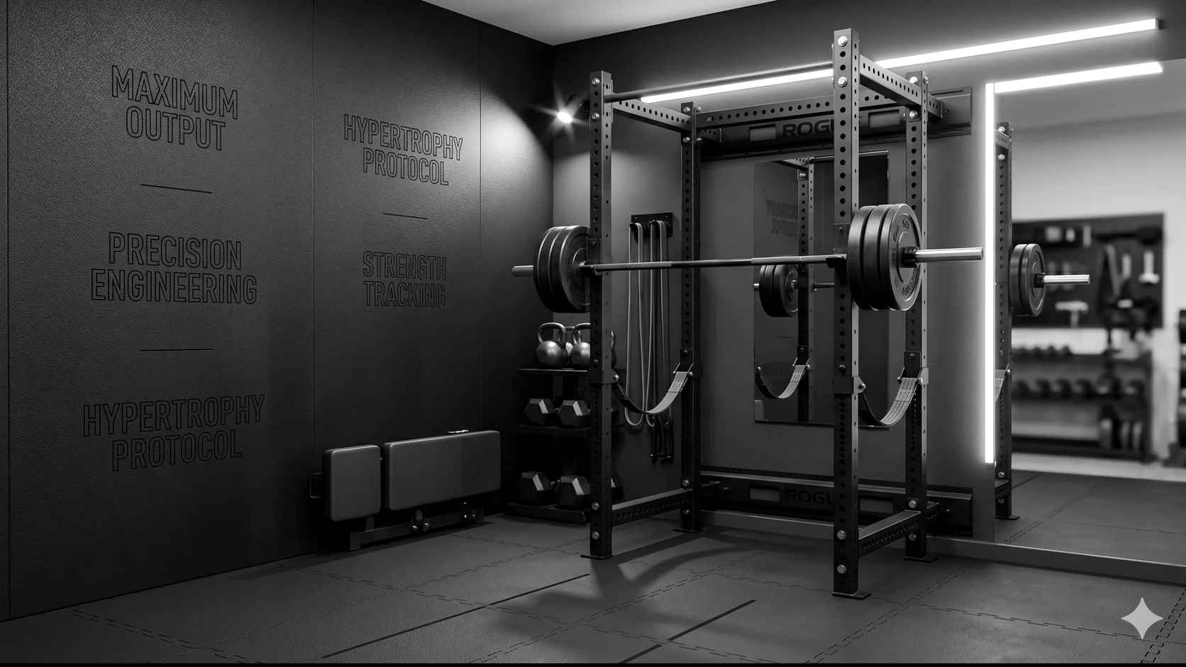 Compact home gym with a power rack and weights.