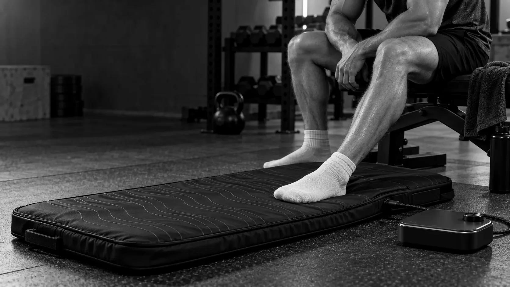PEMF-style recovery mat and controller next to a gym bench, illustrative image.