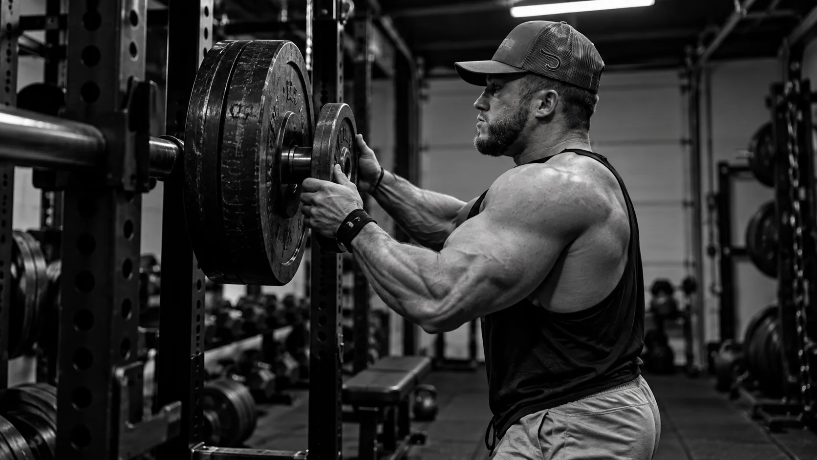 Lifter adding a weight plate to a barbell in a compact home gym.