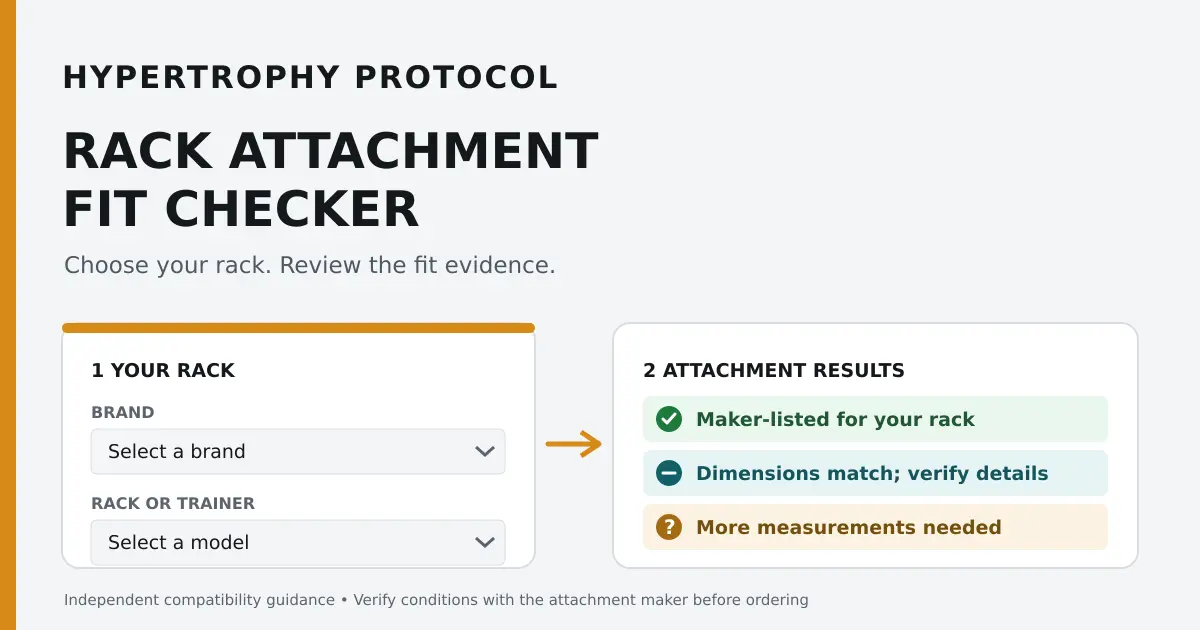 Diagram of the Rack Attachment Fit Checker: choose a brand and rack model, then review maker-listed, dimensional-match, and measurement-needed results.