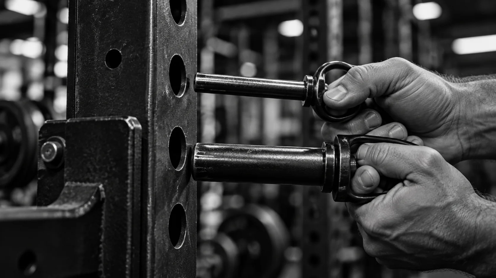 Two different attachment pins held beside holes in a power rack upright.
