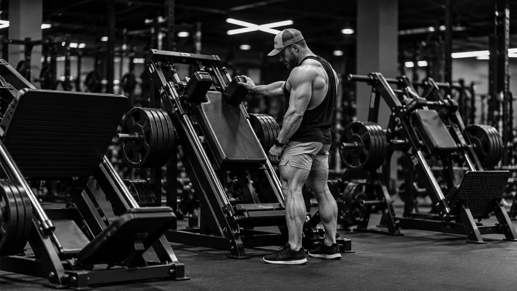 Lifter assessing several squat-focused machines in a gym.