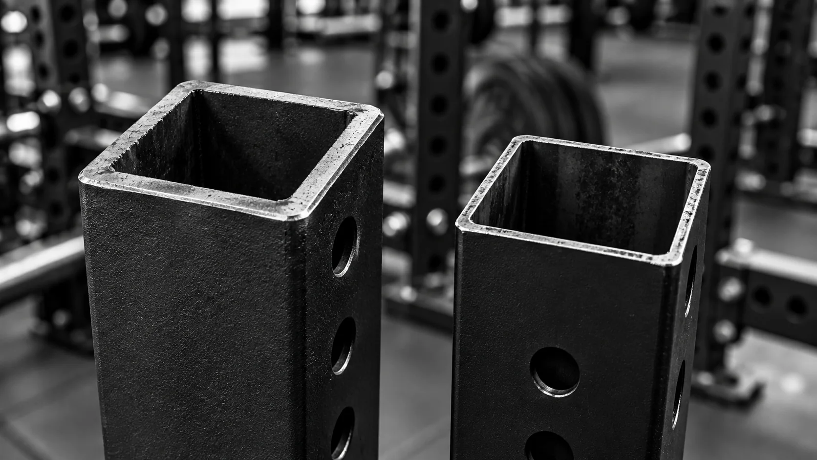 Close view of two hollow power rack uprights with visibly different wall thicknesses.