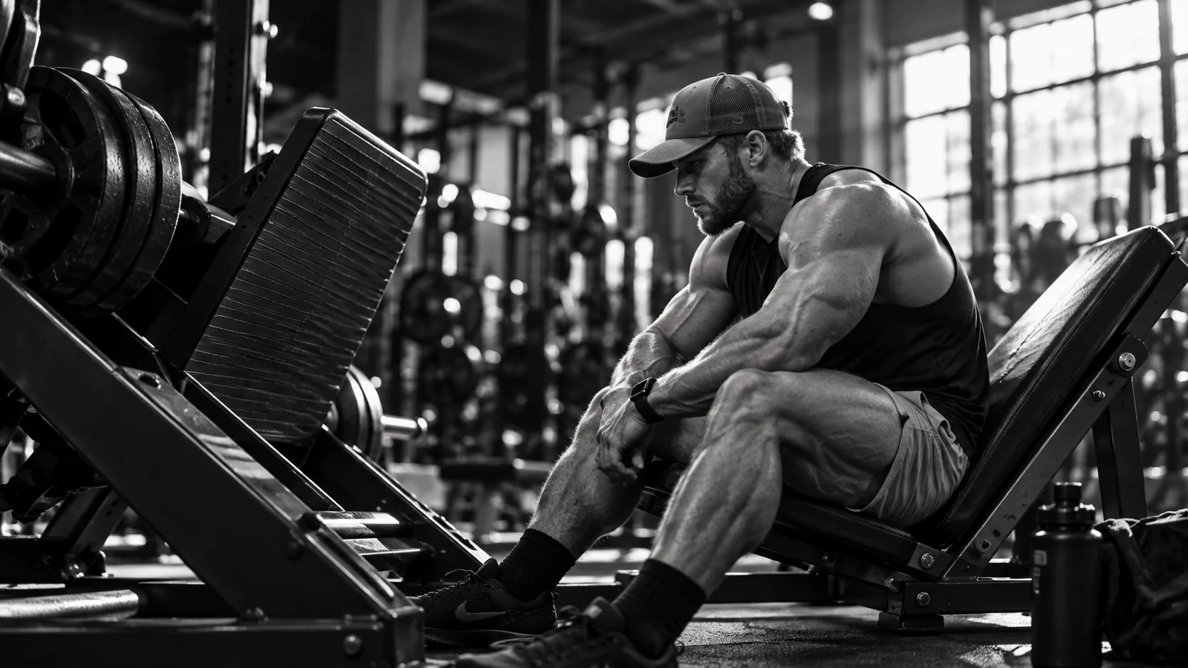 Athlete resting after a strength training session in a gym.