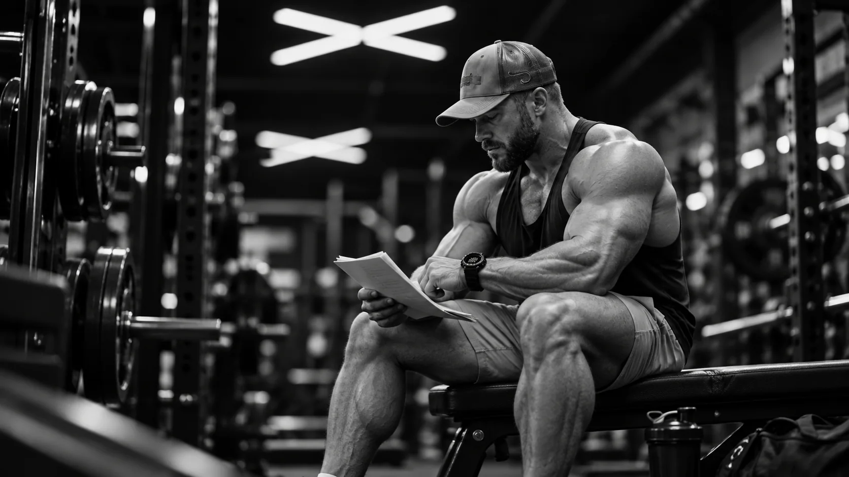 Lifter reviewing a training log and watch before a workout.