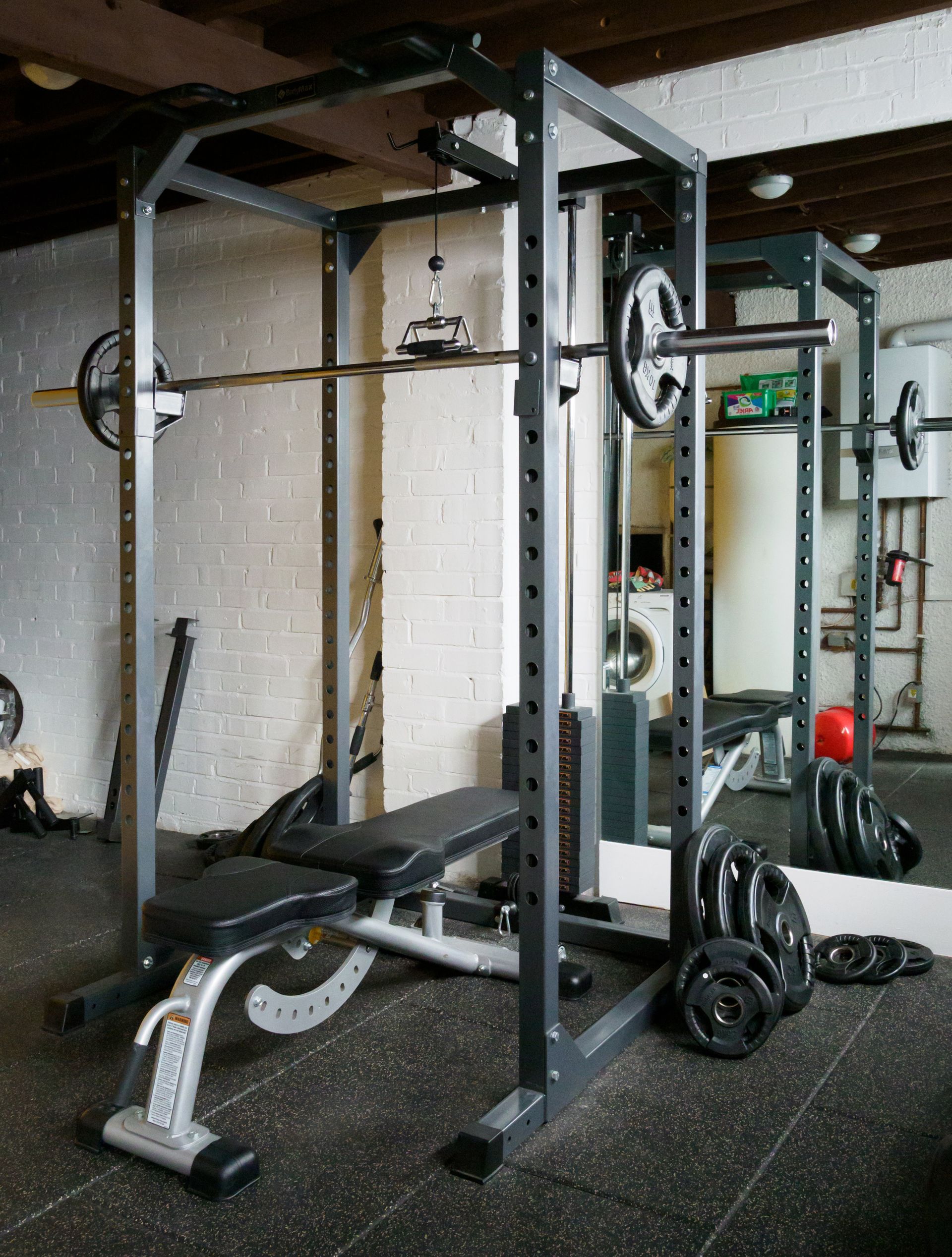 Power rack set up for a barbell squat