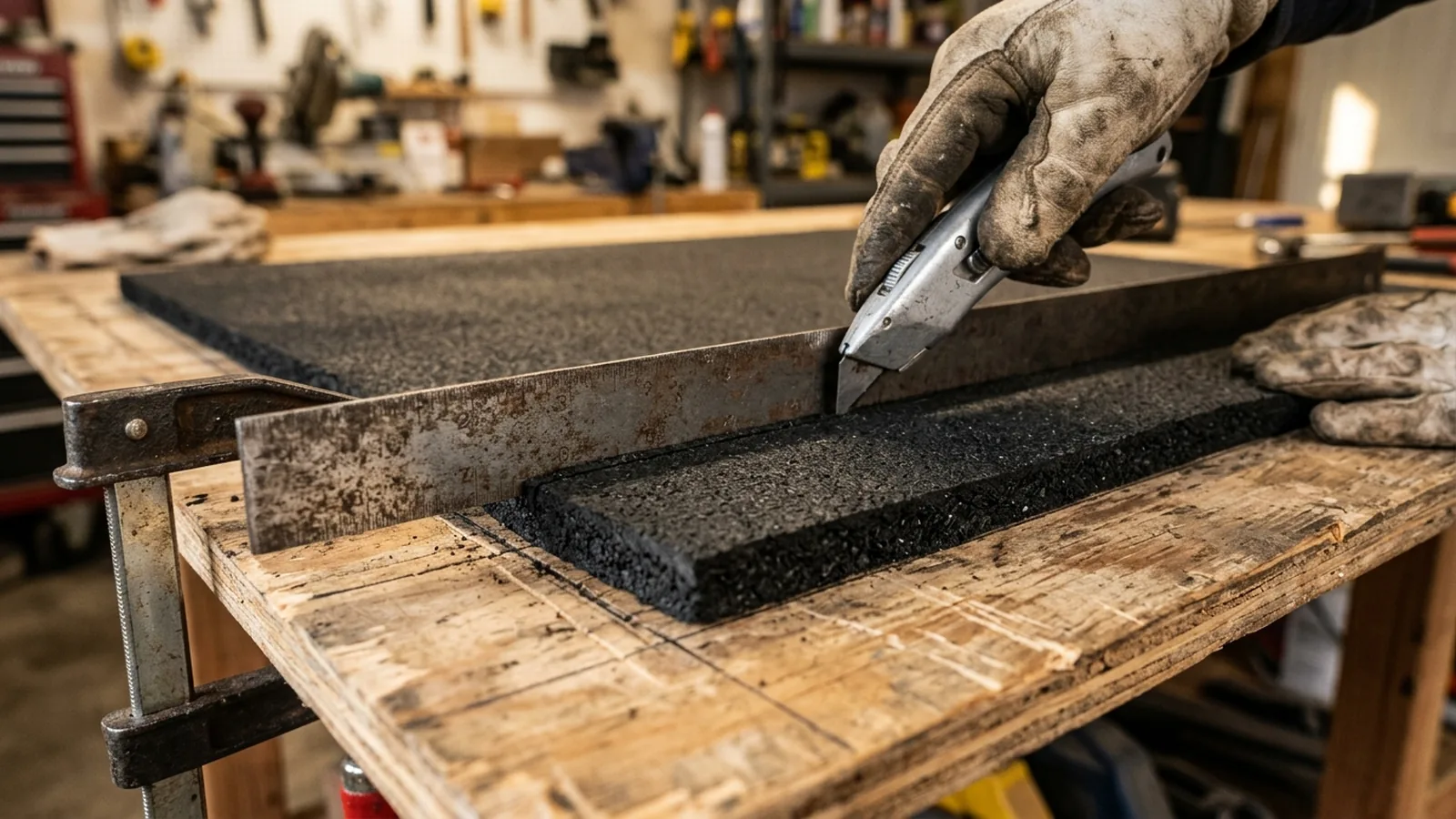 Close-up illustration of a utility knife scoring a thick black rubber mat along a clamped metal straightedge on a wooden work surface.