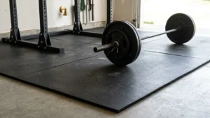 Illustration of a loaded barbell and power rack on black rubber mats with straight seams in a garage gym.