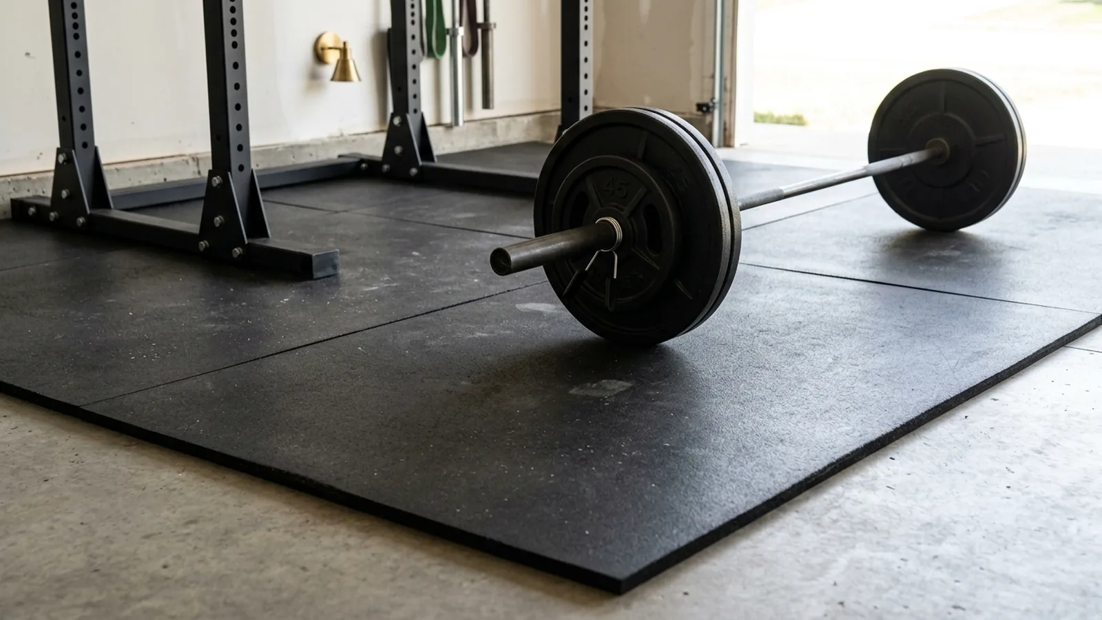 Illustration of a loaded barbell and power rack on black rubber mats with straight seams in a garage gym.
