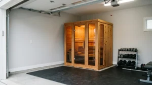 Illustration of a wooden sauna cabin with a closed glass door beside gym flooring and dumbbells in a garage.