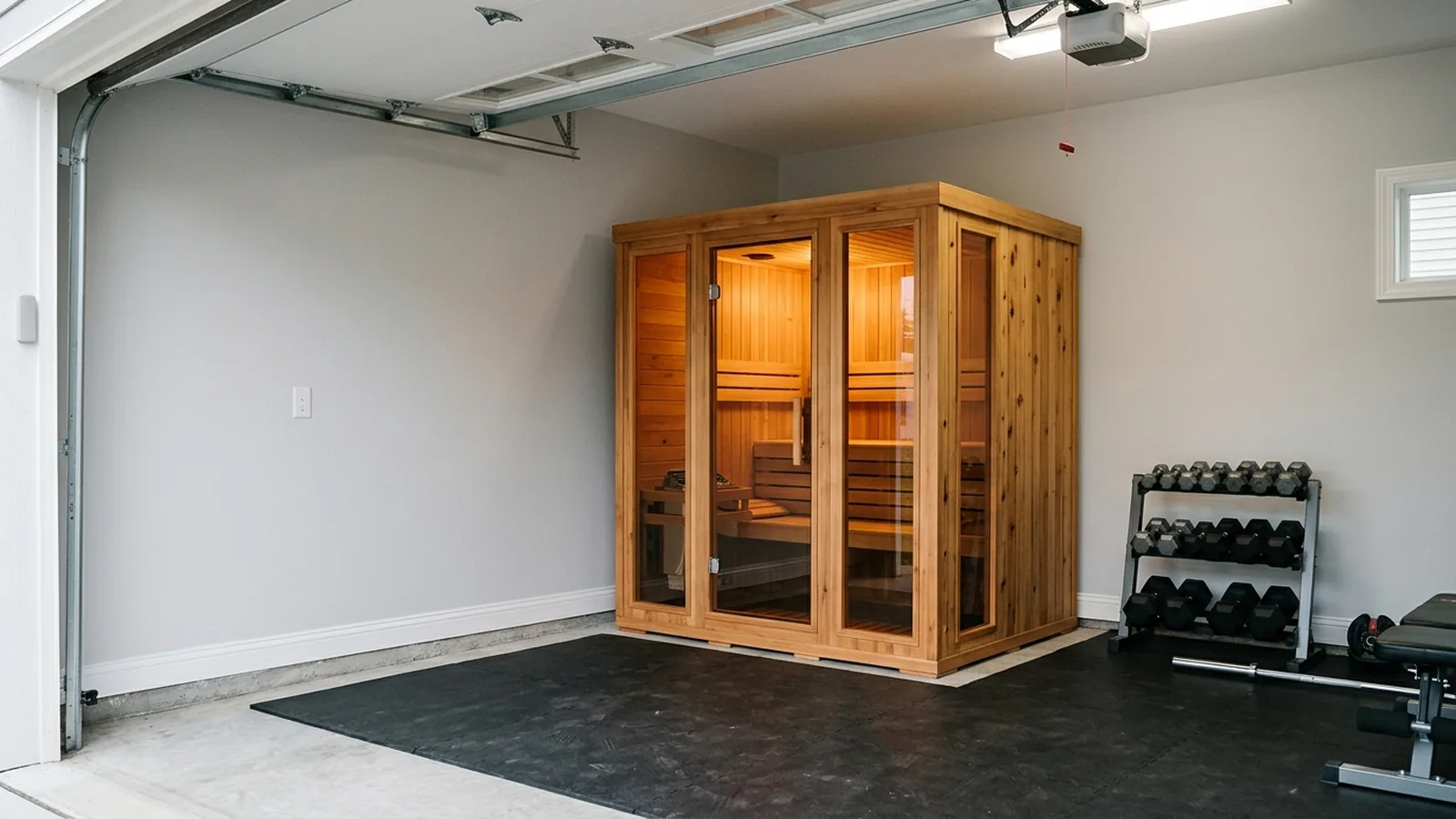 Illustration of a wooden sauna cabin with a closed glass door beside gym flooring and dumbbells in a garage.