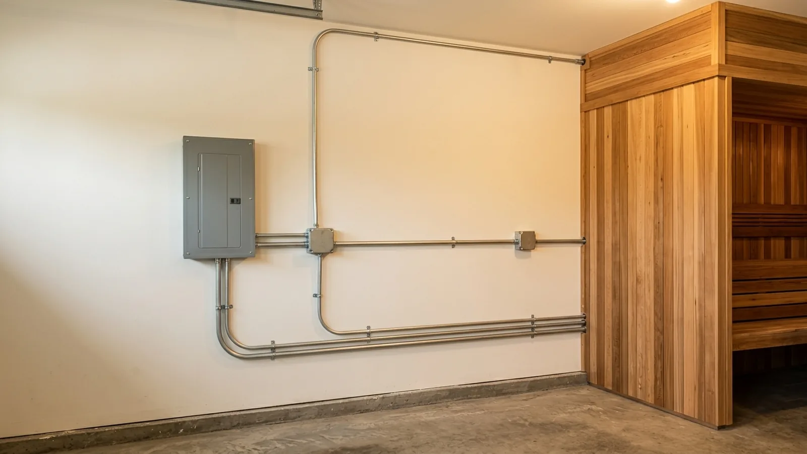 Illustration of a closed gray metal electrical subpanel on a finished wall with rigid metal conduit running toward a wooden sauna corner.