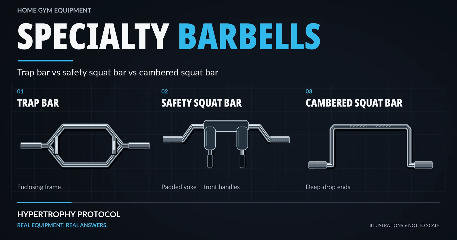 Illustrated comparison of a hex trap bar, a padded safety squat bar with front handles, and a deep-drop cambered squat bar.