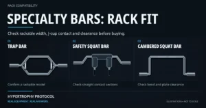 Generic trap bar, safety squat bar and cambered squat bar illustrations with reminders to check rackable design, straight contact sections and clearance.
