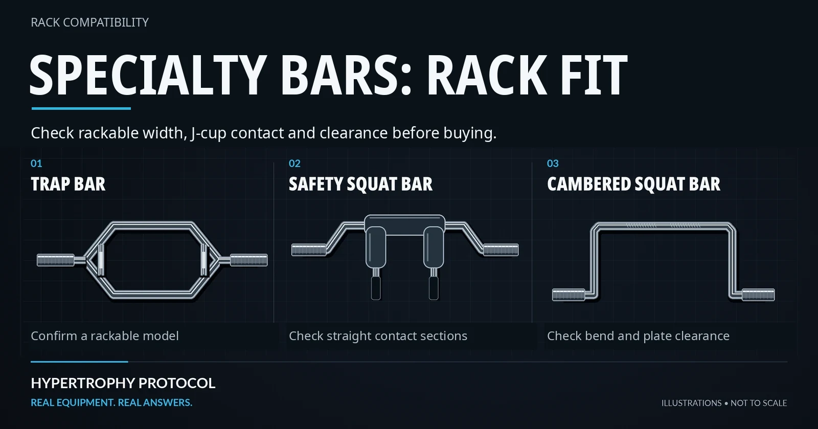 Generic trap bar, safety squat bar and cambered squat bar illustrations with reminders to check rackable design, straight contact sections and clearance.