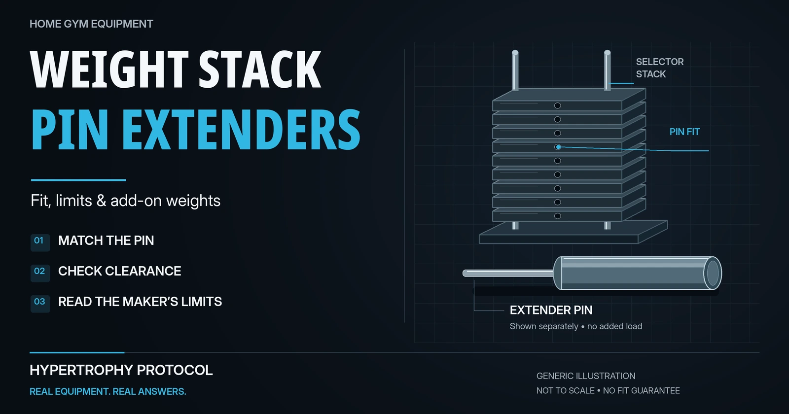 Illustrated weight stack and detached extender pin, with checks for pin fit, clearance and manufacturer limits.